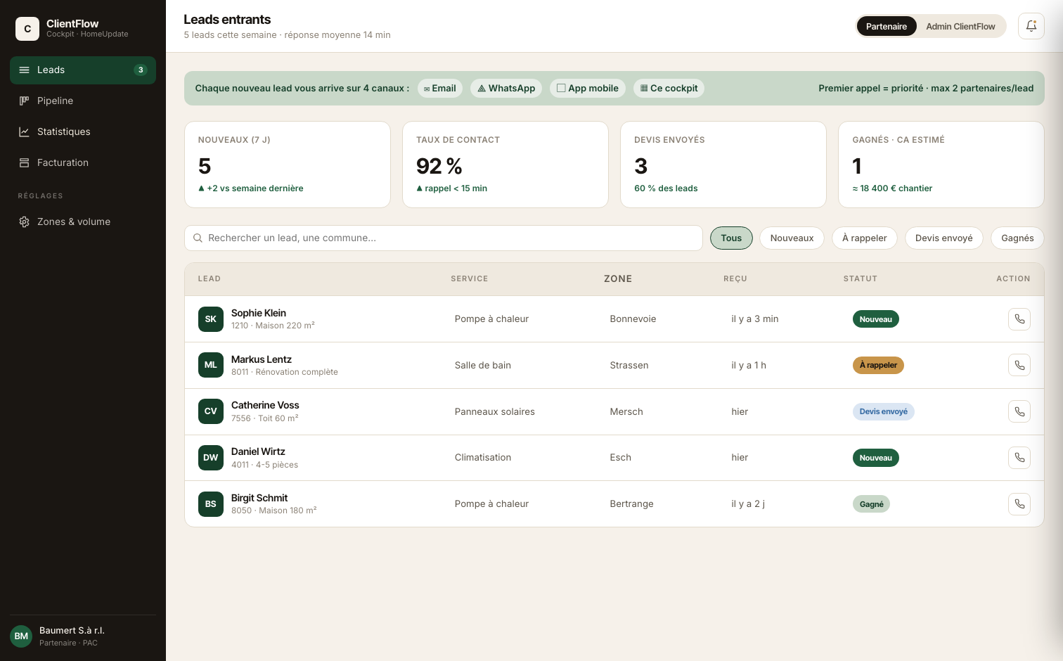 Le cockpit HomeUpdate : liste des leads entrants avec statuts, taux de contact et chiffre d'affaires estimé