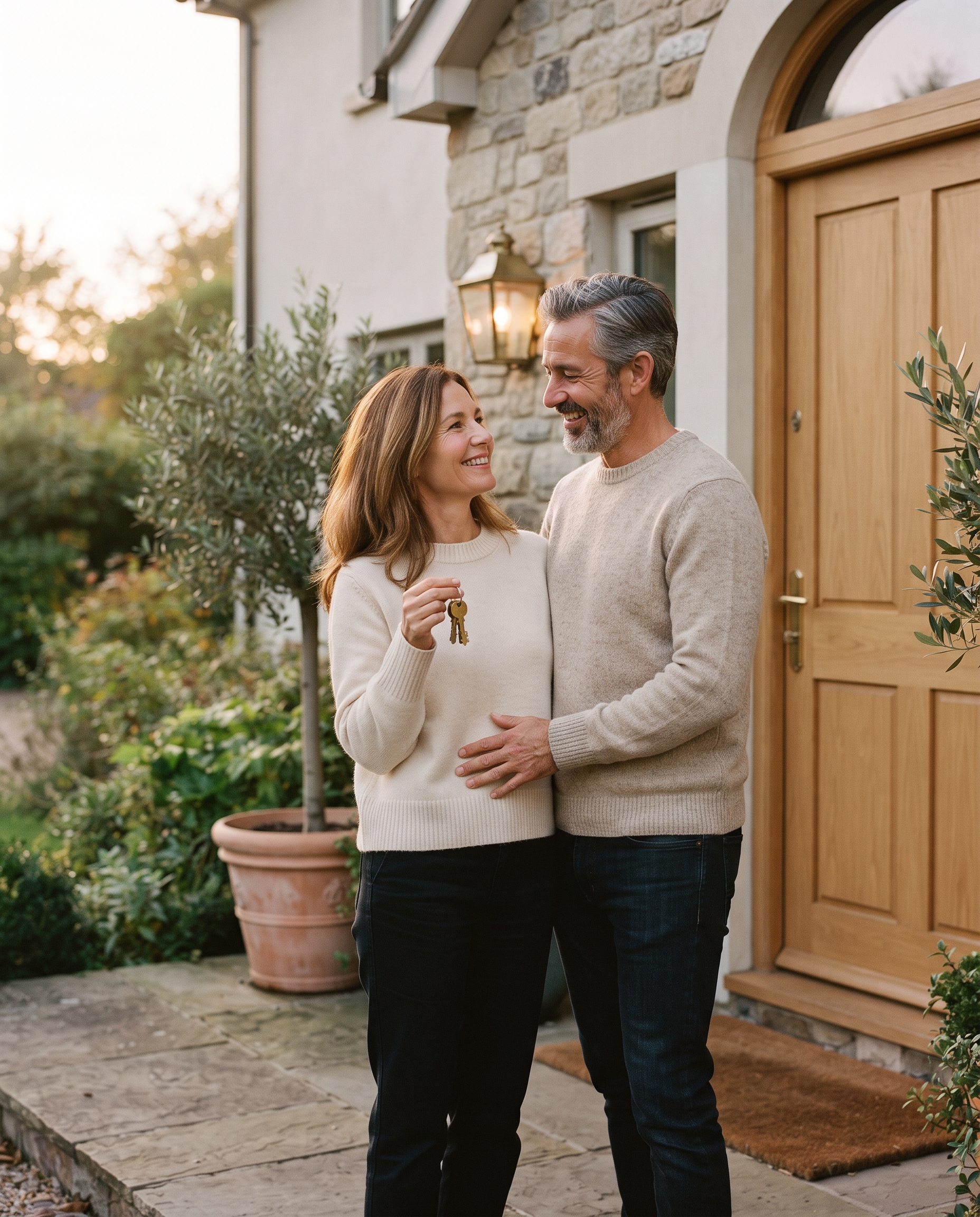 Couple heureux devant sa maison au Luxembourg, les clés à la main