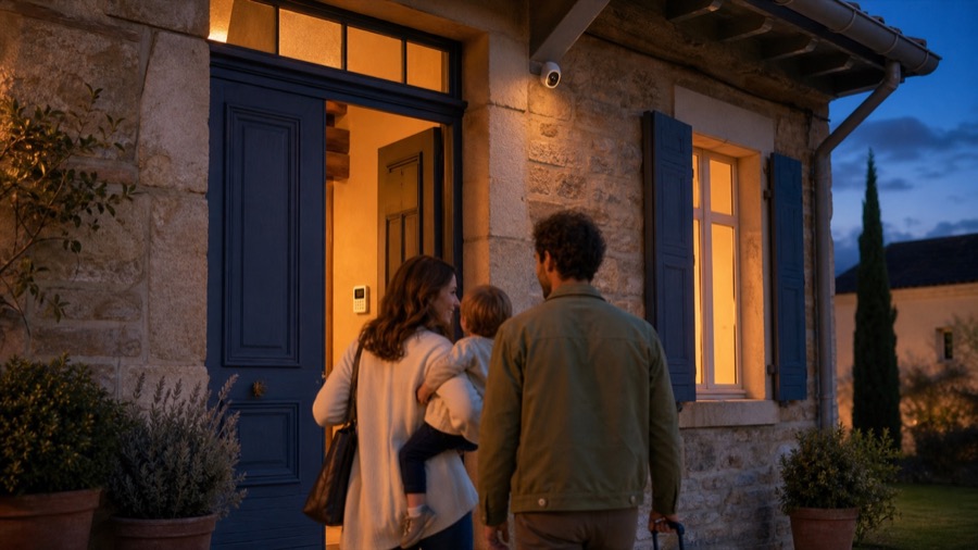 Famille rentrant sereinement dans sa maison protégée