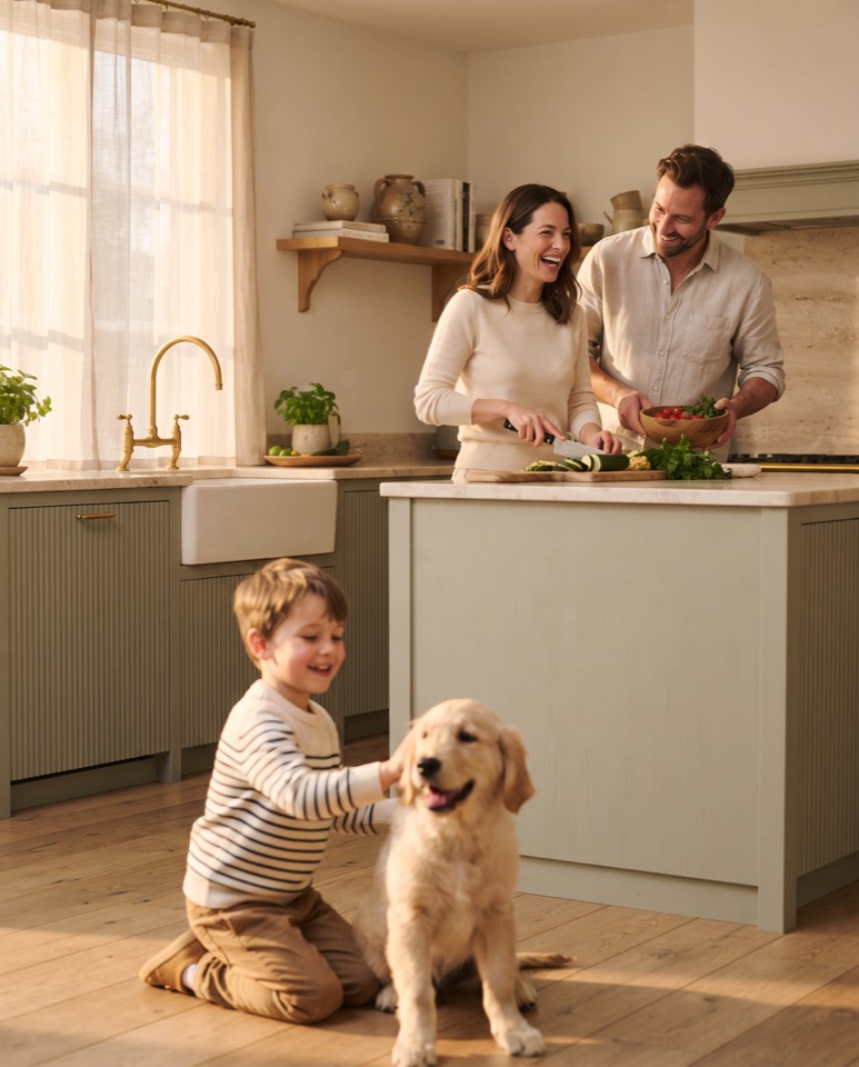 Famille heureuse dans sa cuisine rénovée — parents qui cuisinent, enfant et chien dans la lumière dorée