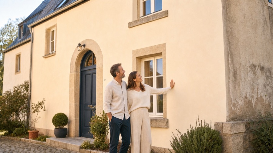 Couple devant la façade fraîchement nettoyée de sa maison