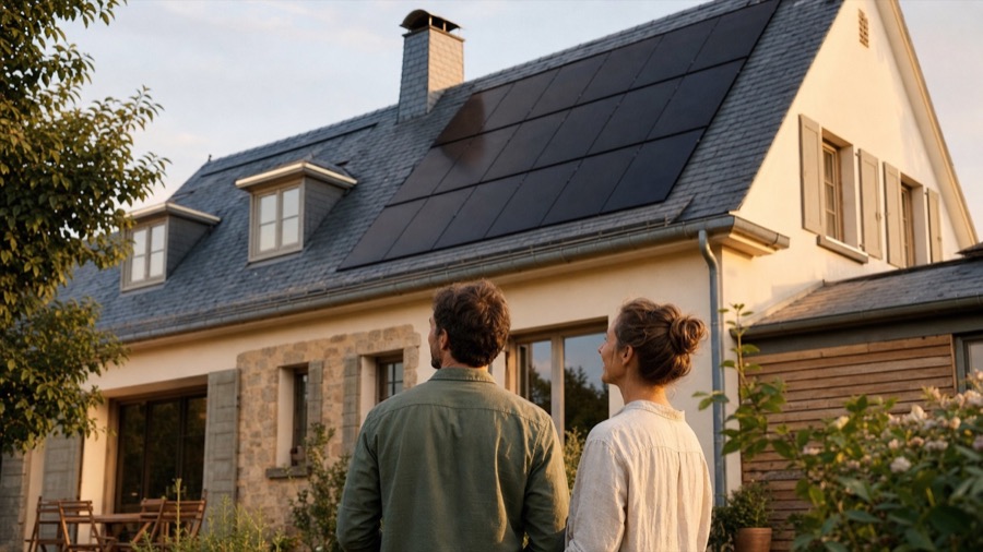 Couple devant sa maison équipée de panneaux solaires