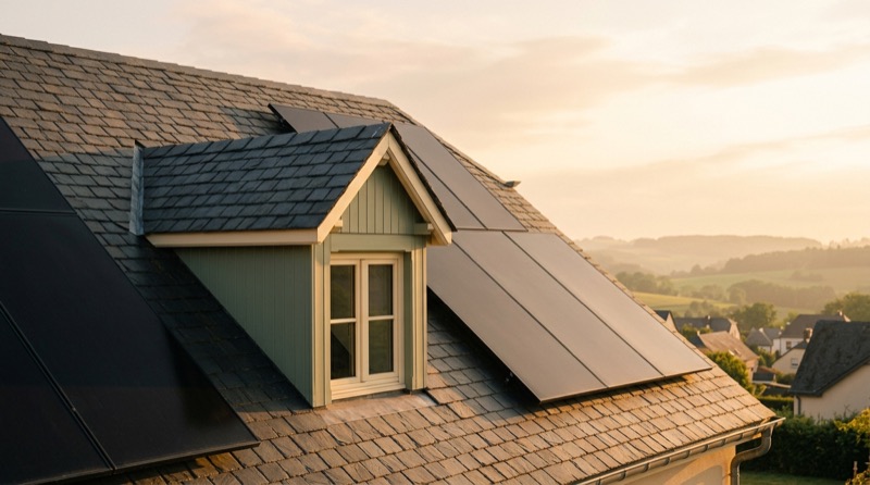 Toit avec panneaux solaires dans la lumière dorée