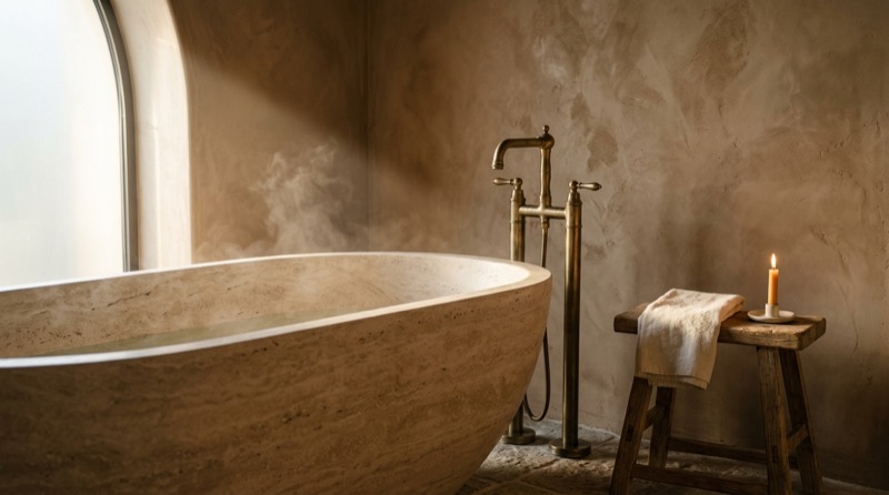 Baignoire en travertin et robinetterie laiton dans une salle de bain rénovée