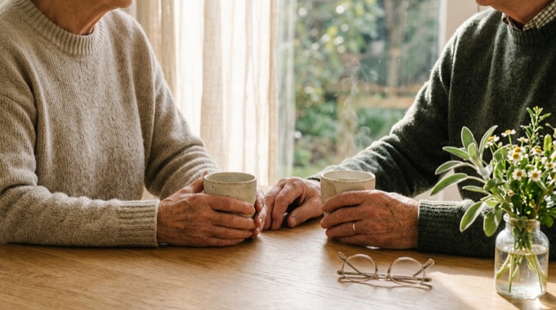 Couple senior partageant un thé à une table en chêne au soleil