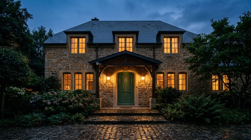 Façade en pierre éclairée chaleureusement à la tombée de la nuit