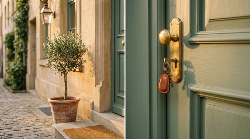 Porte d'entrée sauge avec clés dans la serrure en laiton à l'heure dorée