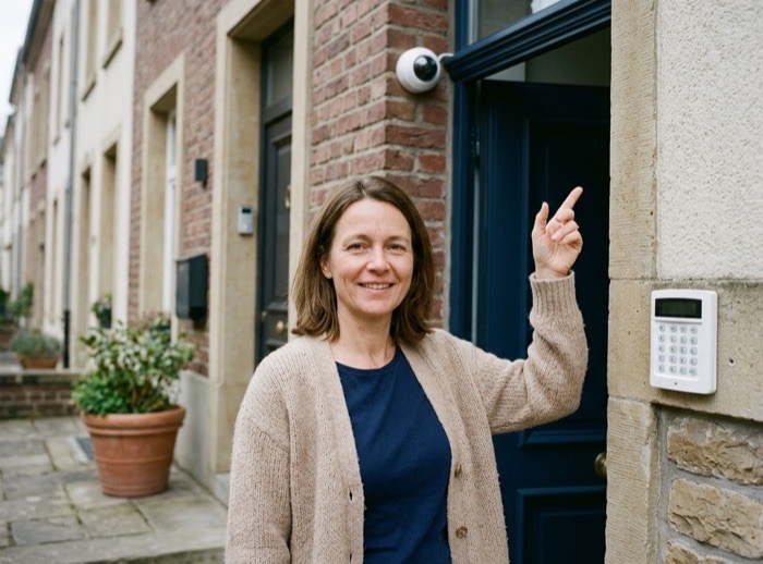 Birgit montre sa nouvelle caméra de sécurité à l'entrée