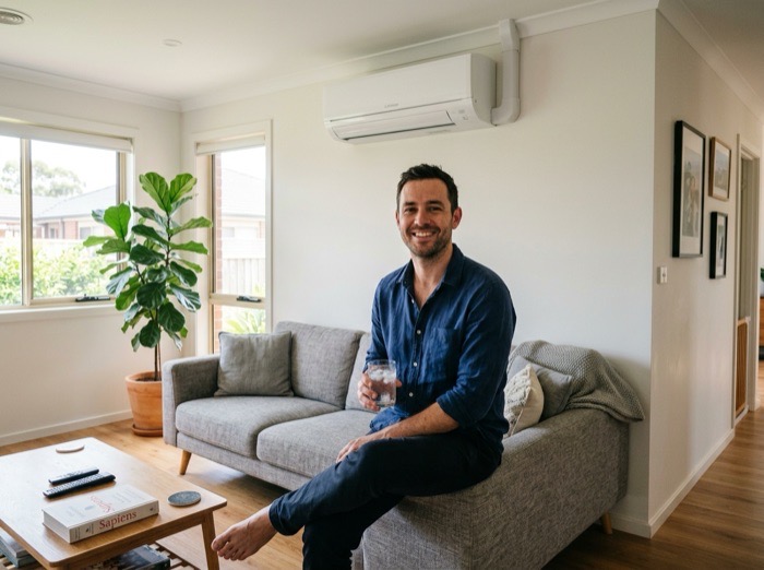 Daniel dans son salon avec sa climatisation neuve