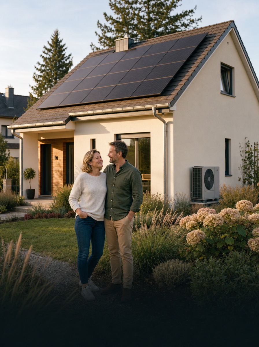Couple devant sa maison équipée de panneaux solaires et d'une pompe à chaleur