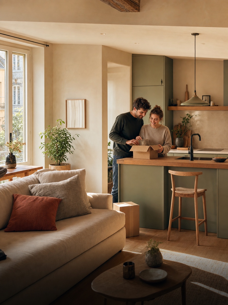 Couple dans son séjour rénové avec une cuisine vert sauge