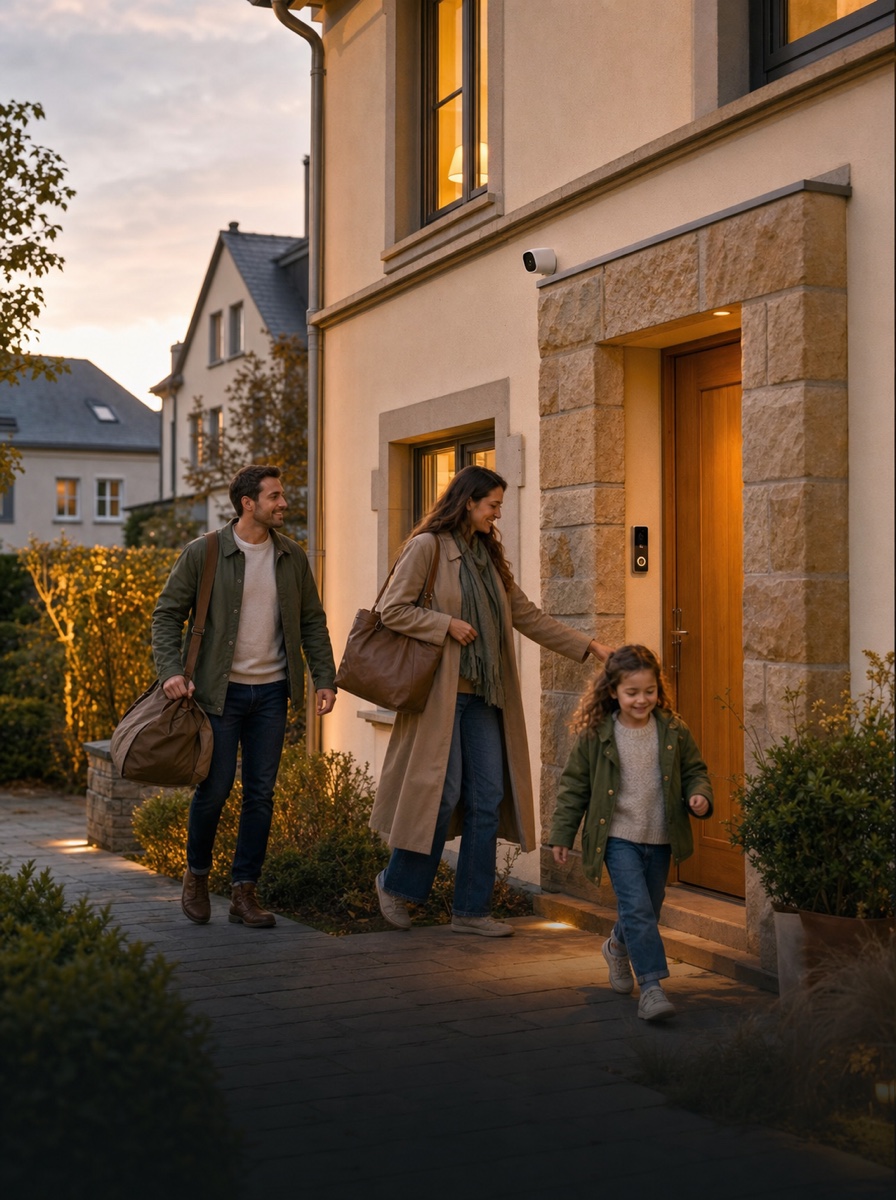 Famille rentrant sereinement dans sa maison protégée