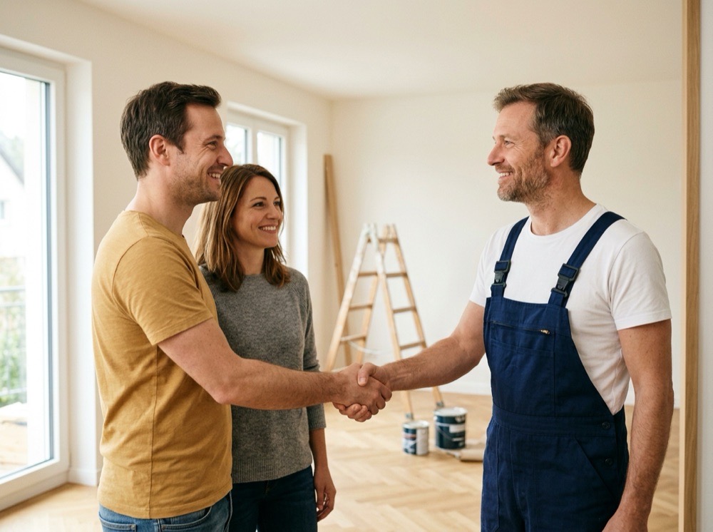 Un couple de propriétaires serre la main d'un artisan dans leur maison rénovée