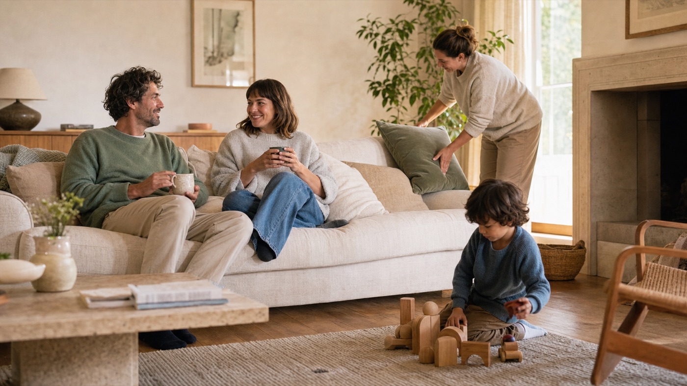 Famille détendue dans son séjour avec une aide-ménagère
