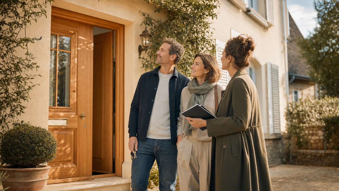 Couple échangeant avec une conseillère devant sa maison
