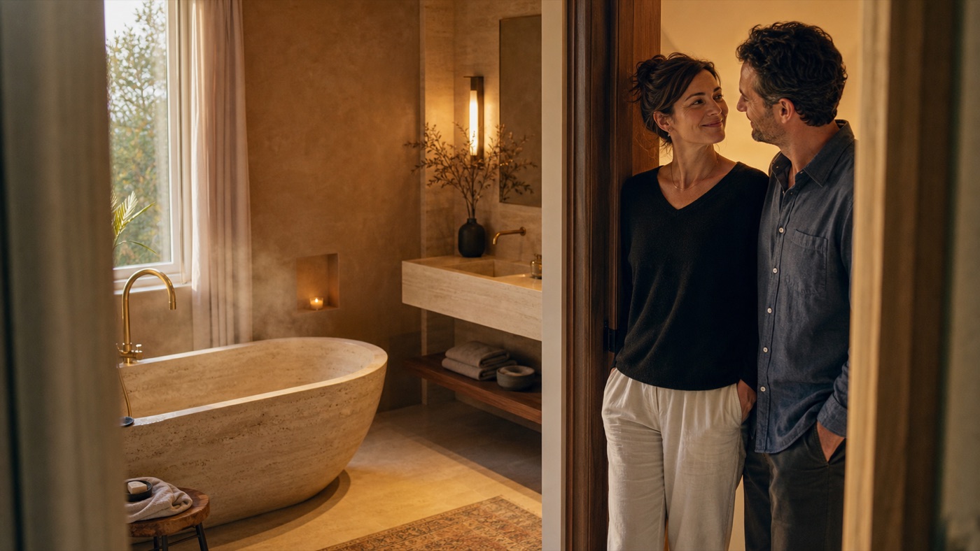 Couple découvrant sa nouvelle salle de bain chaleureuse