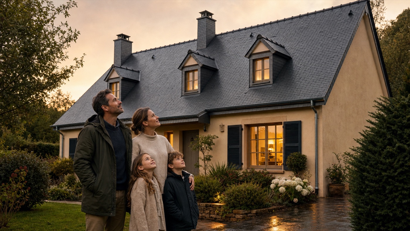 Famille admirant la toiture rénovée de sa maison